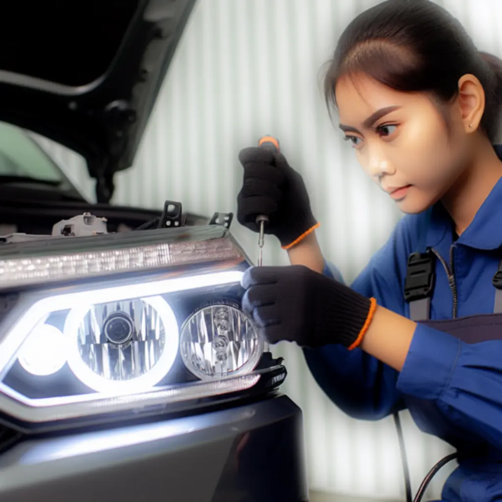 Technician installing high-performance LED headlights on a vehicle