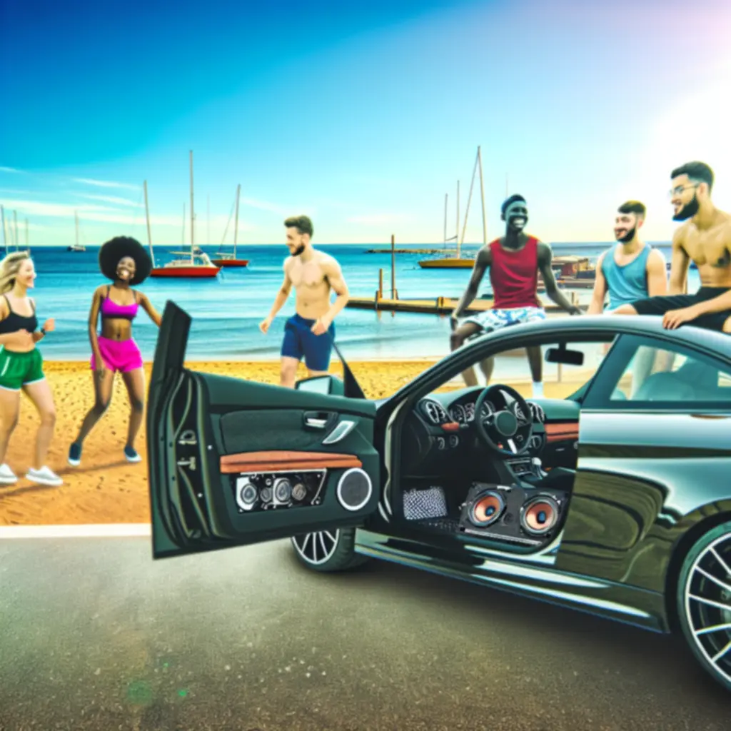 Performance car interior featuring upgraded audio system at night