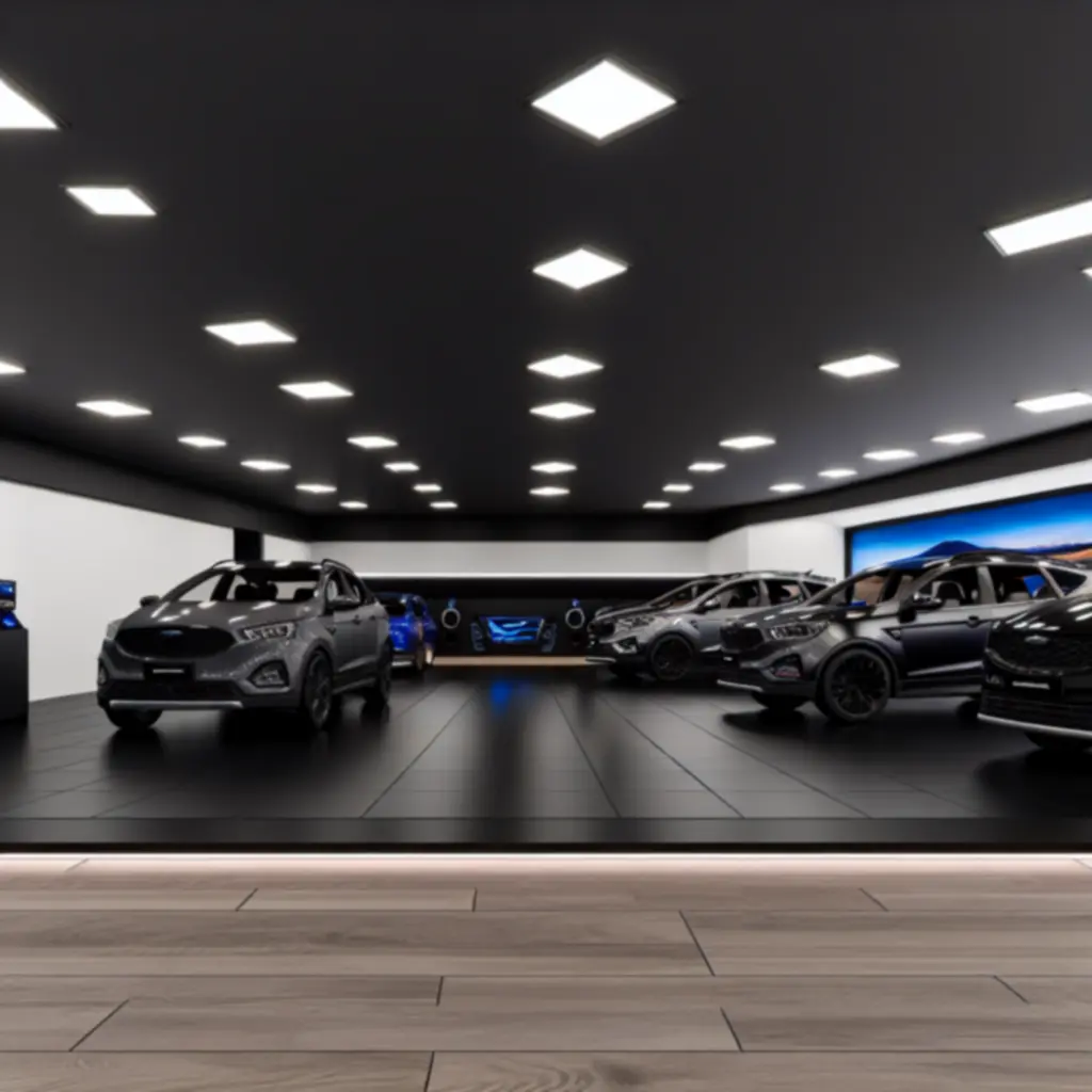 Contemporary Carveoza showroom interior displaying car accessories and audio systems