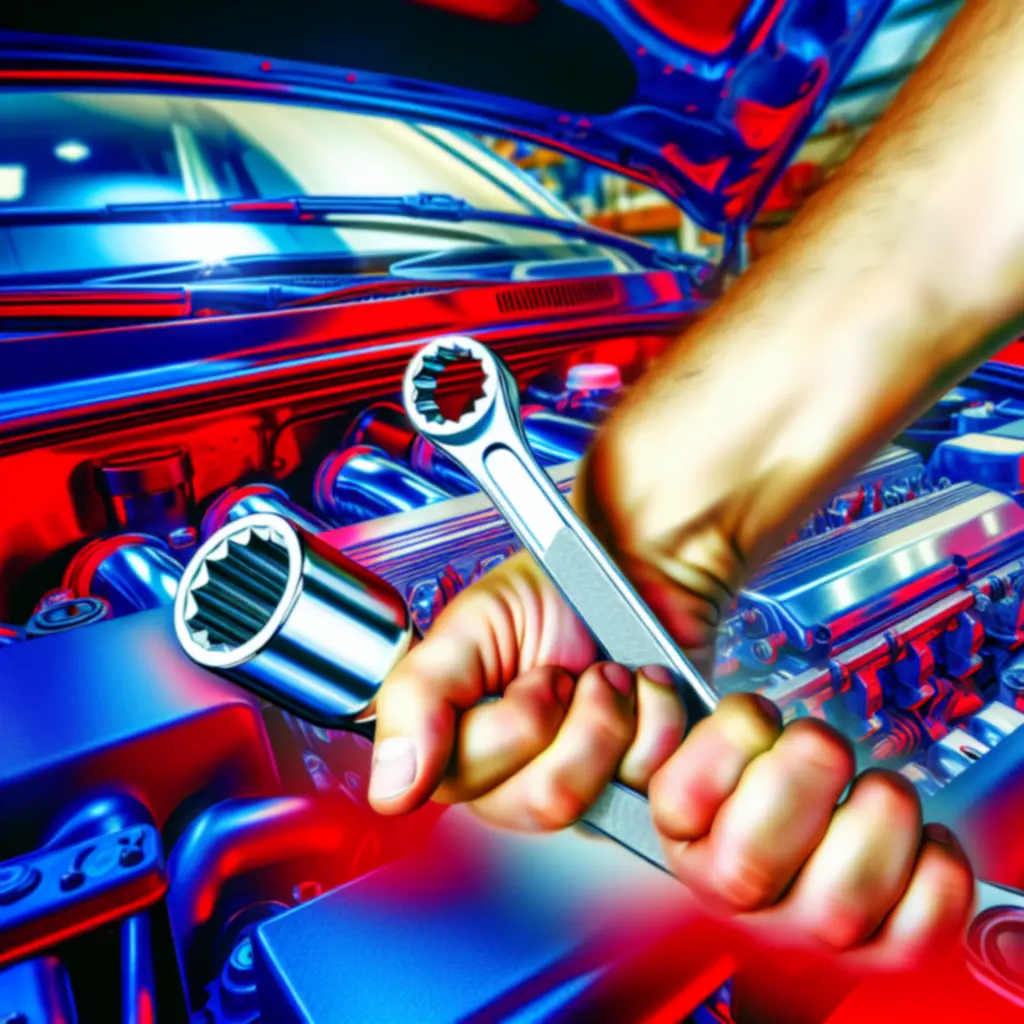 Mechanic using a socket wrench on a car engine component